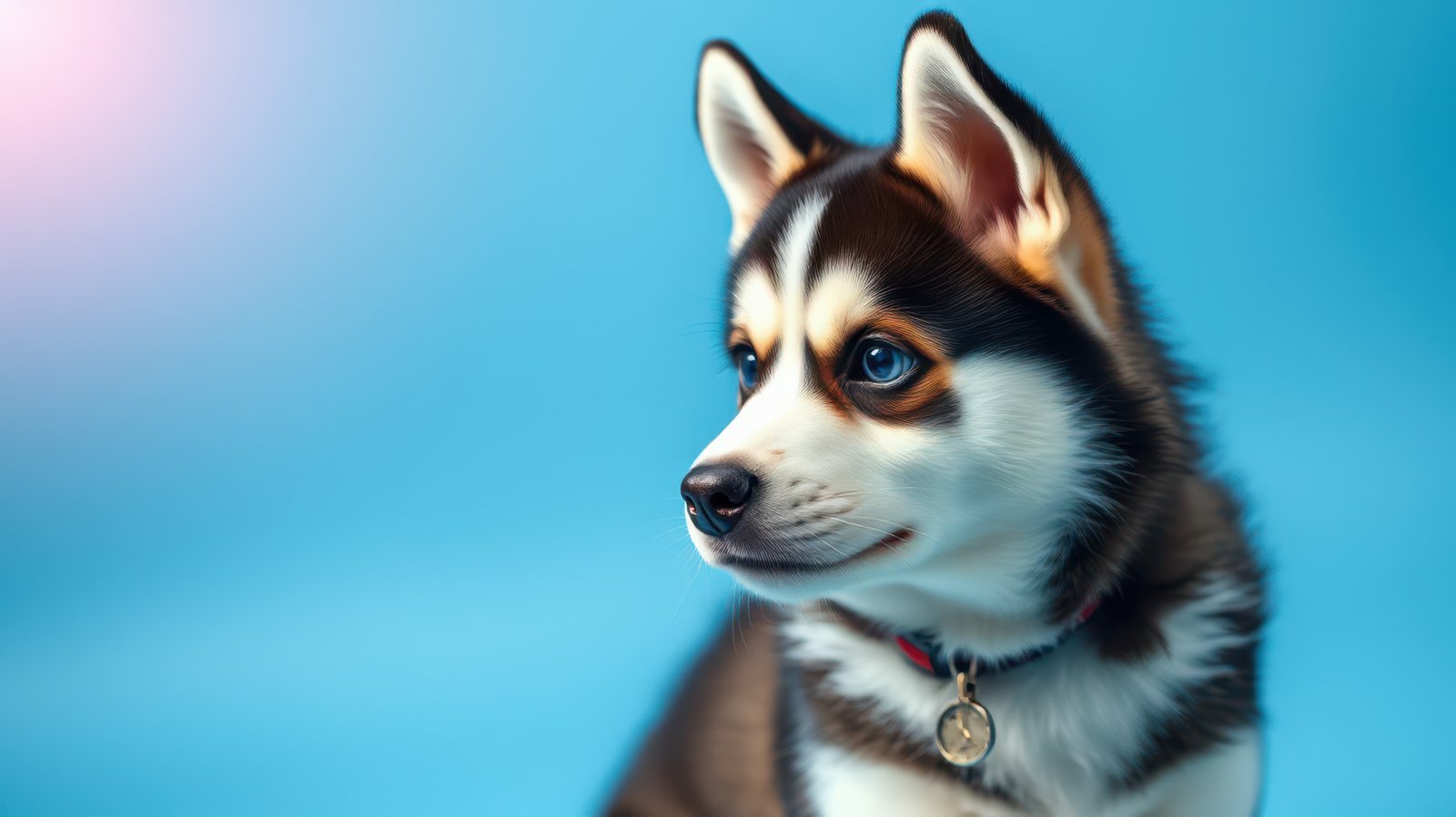 Adorable husky puppy with striking blue eyes posing against a bright blue background in a studio setting